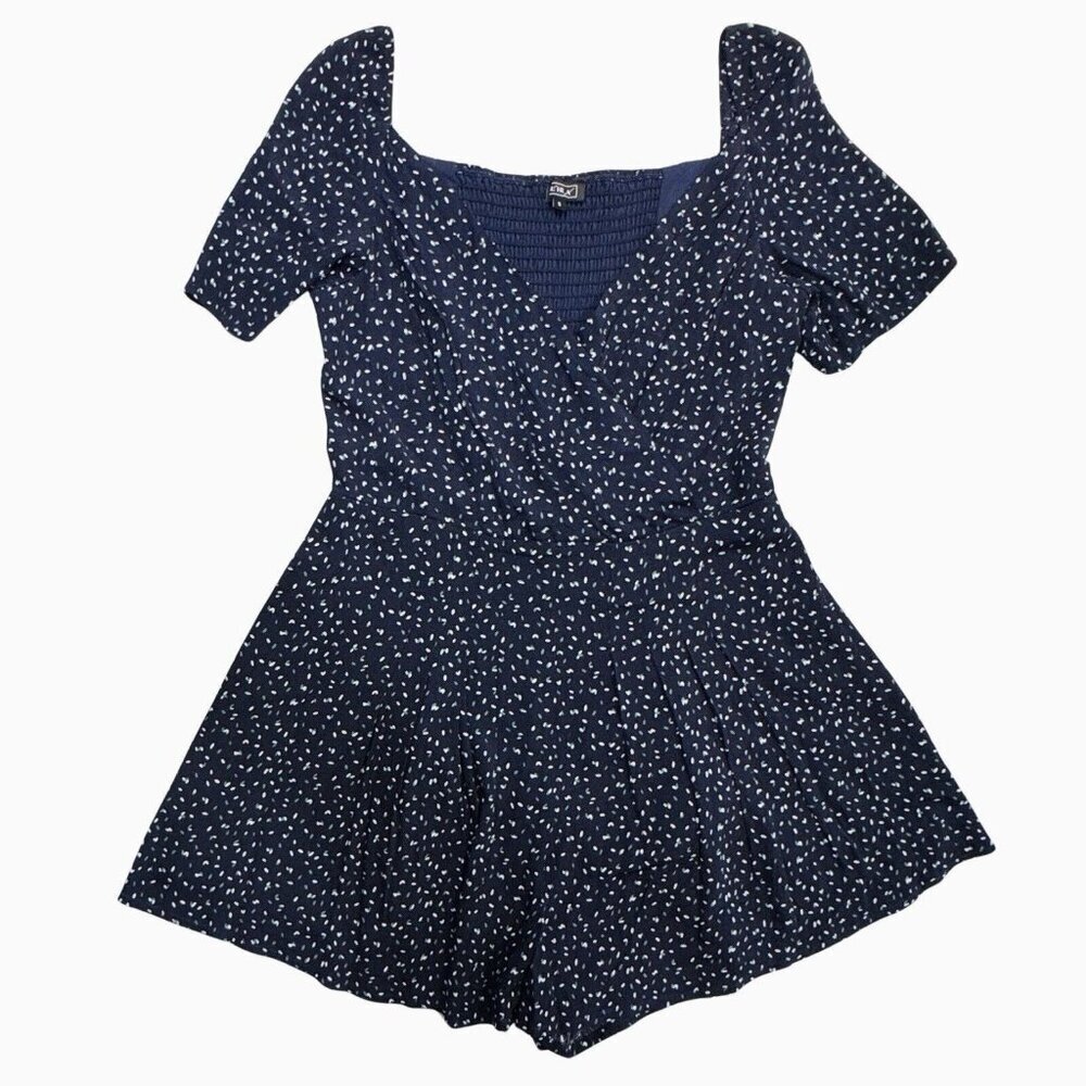 LIRA Navy White Grn Print Romper Women Small‎ Cross Over Top Smocked Slinky Sexy